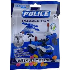 Police puzzle toy and jelly beans